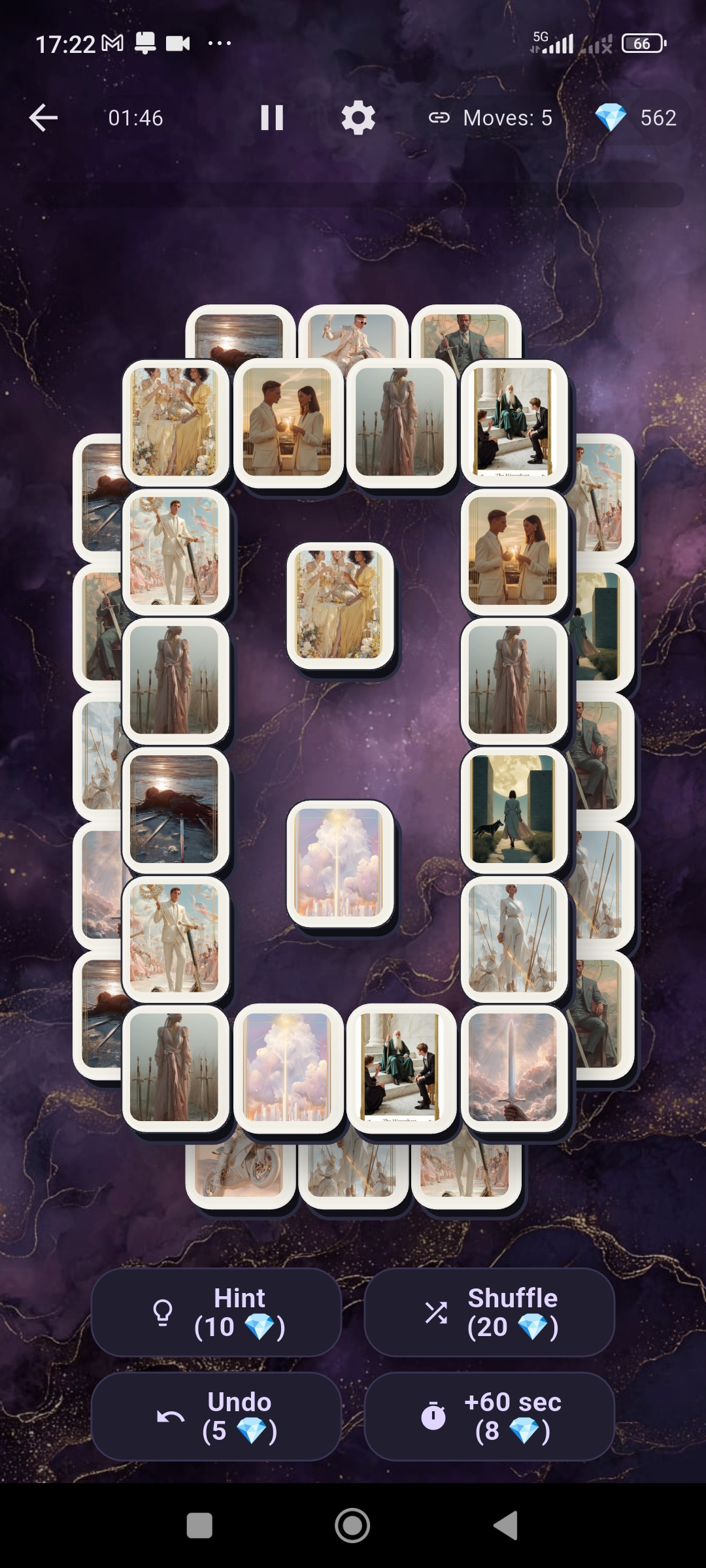 Arcana Mahjong gameplay showing layered board and free tile logic