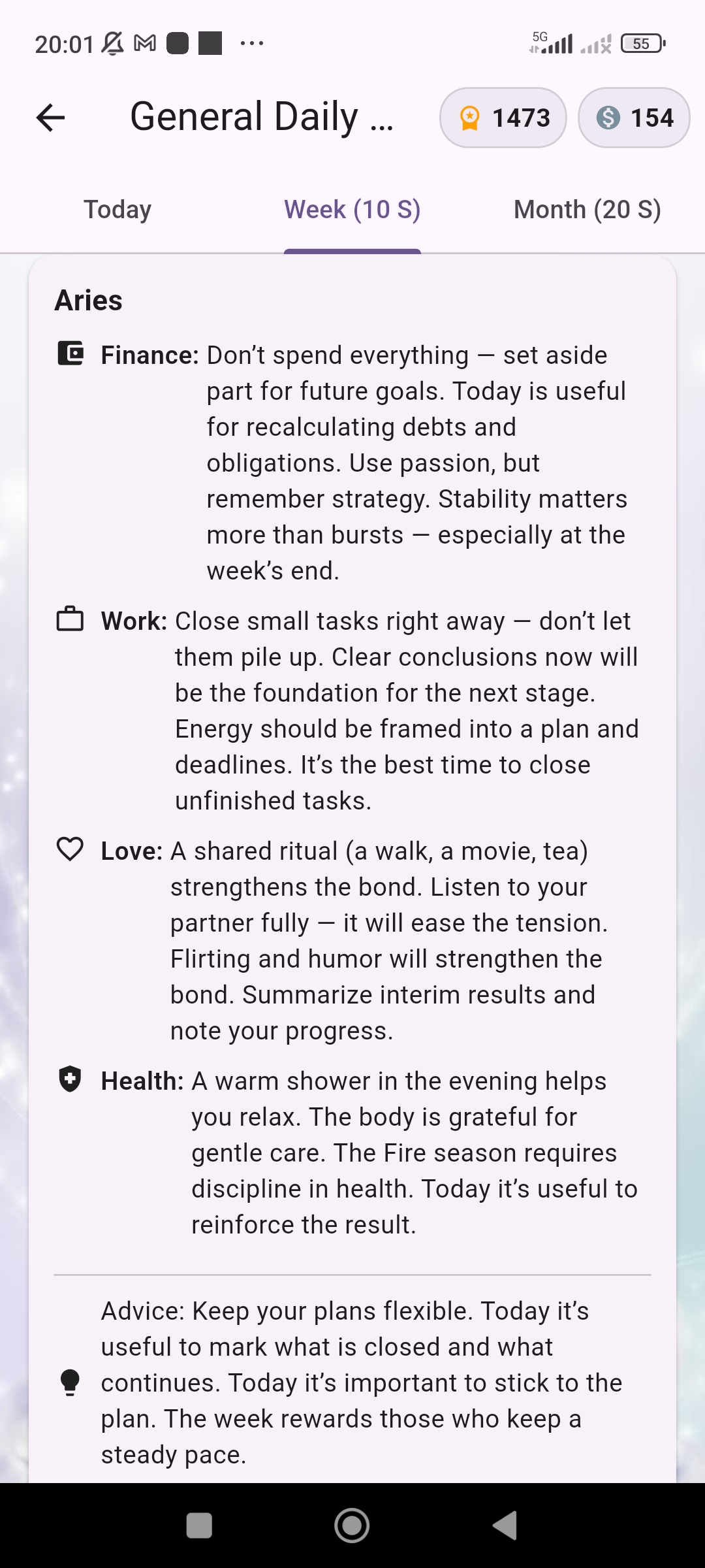 Astera general daily energy week screen