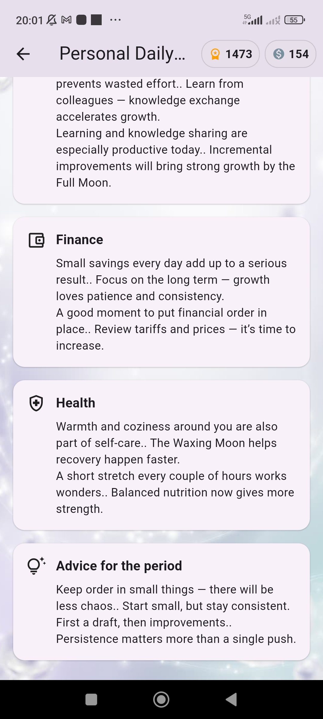 Astera personal daily energy more weekly guidance screen