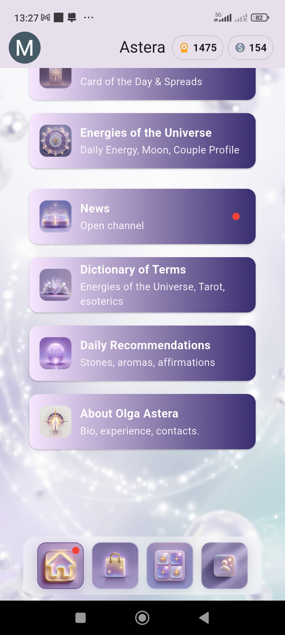 Astera daily recommendations and glossary screen
