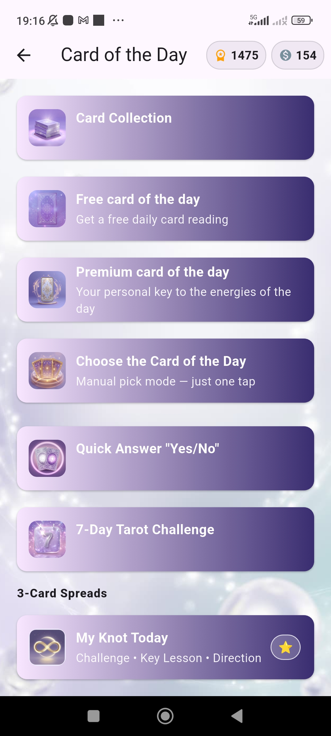 Astera daily tarot card menu