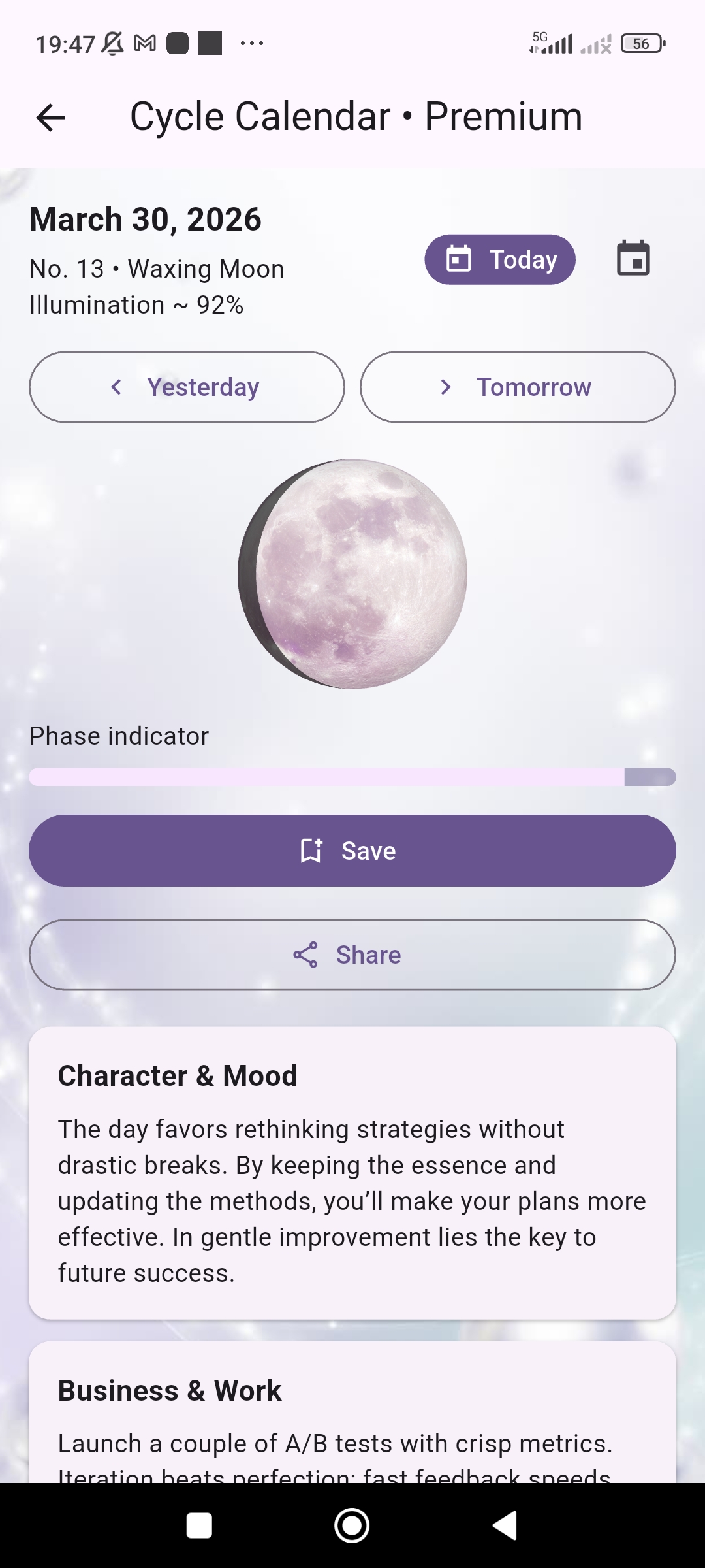 Astera premium moon calendar top screen