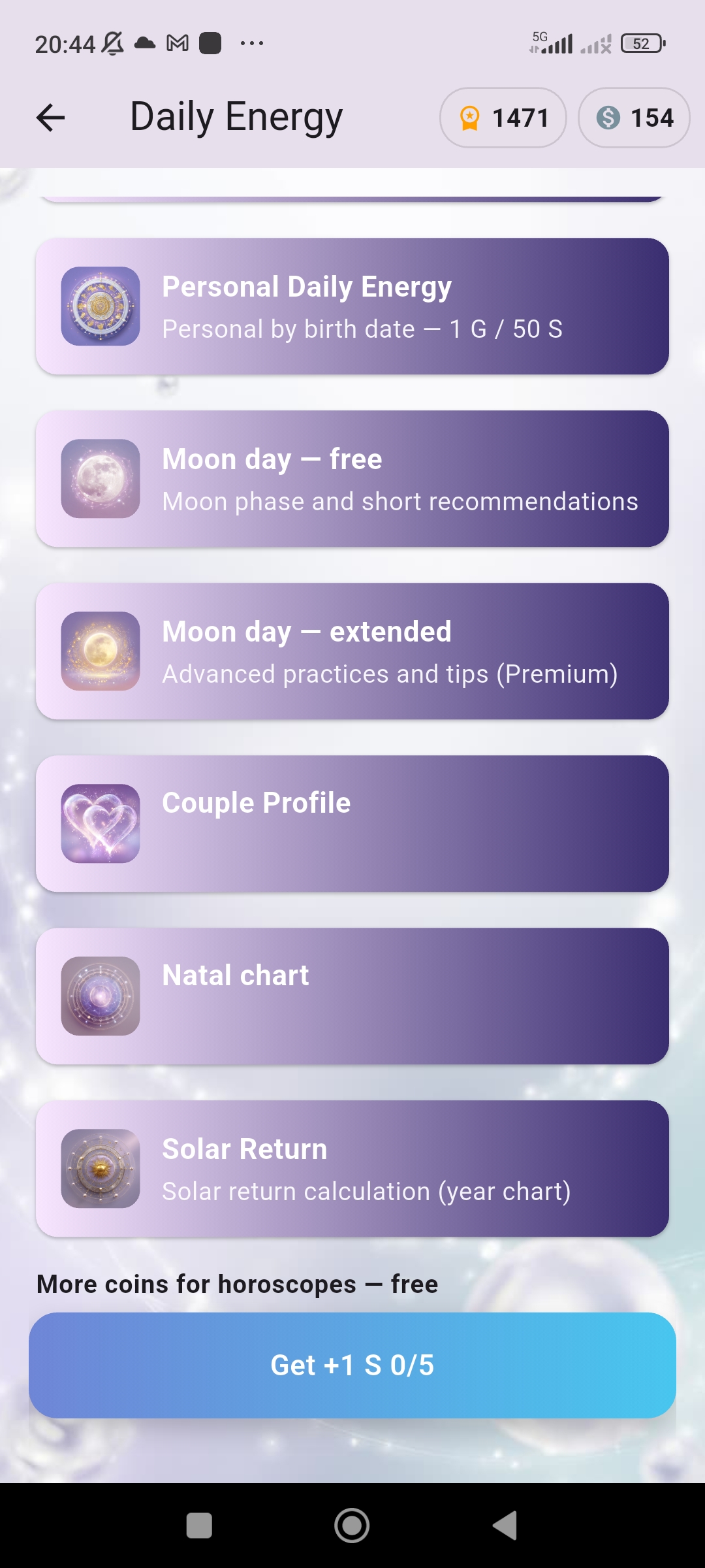 Astera natal chart entry inside daily energy section
