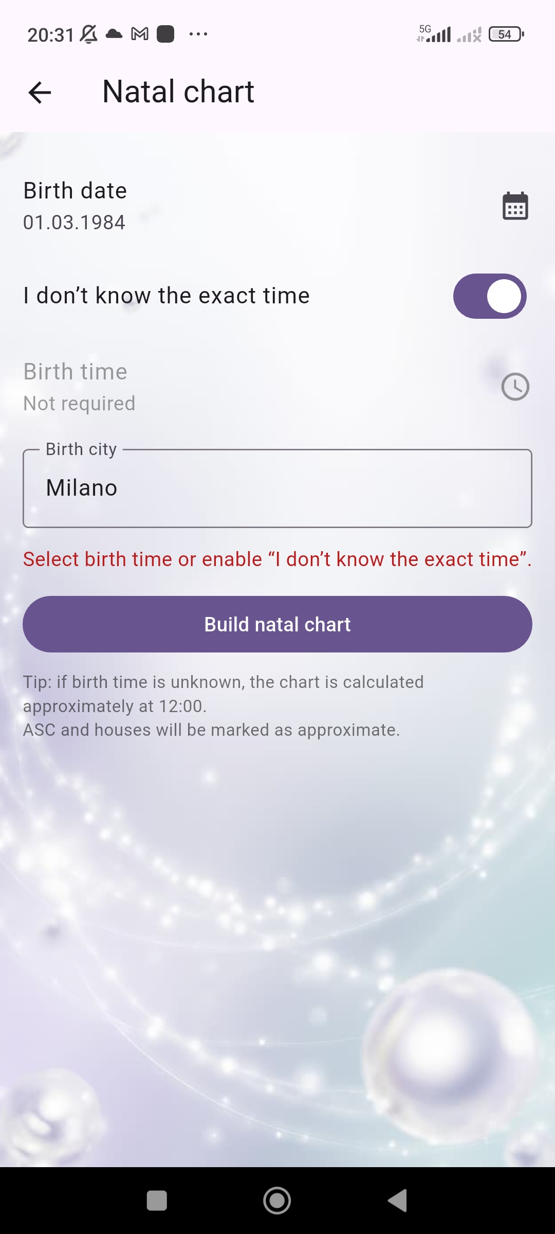 Astera natal chart input screen