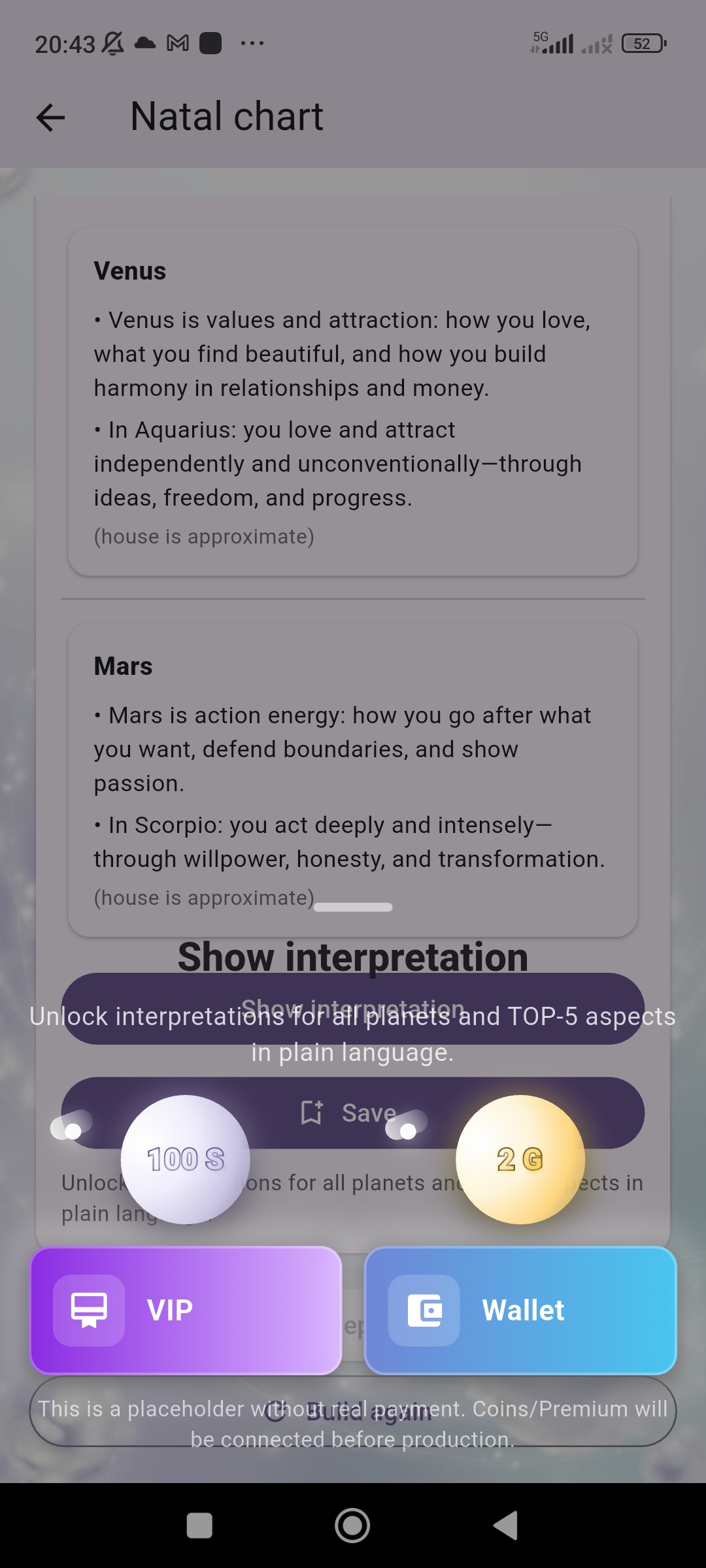 Astera natal chart unlock screen