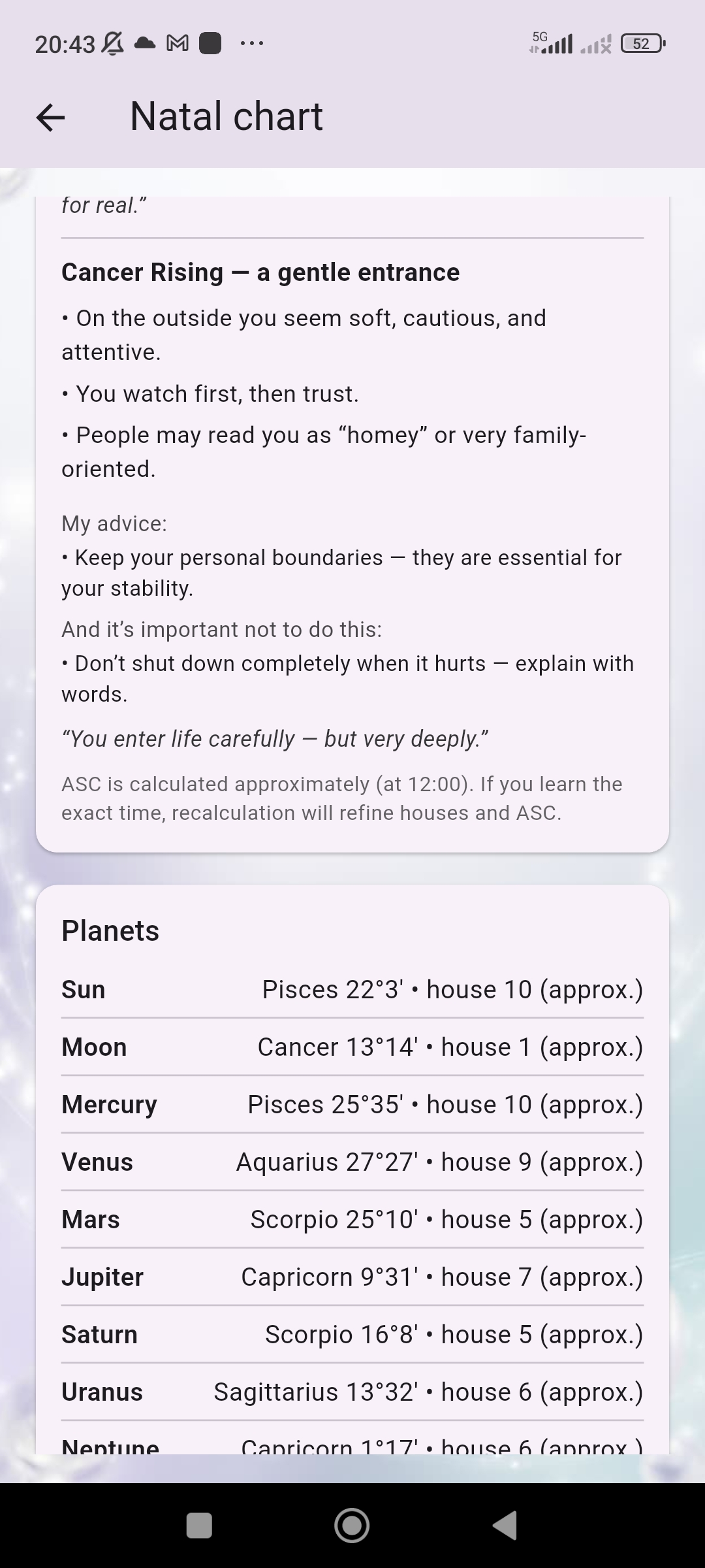 Astera natal chart planets table