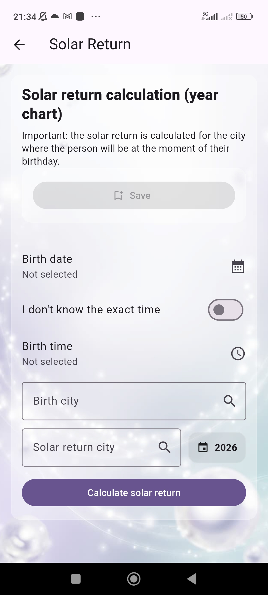 Astera solar return input screen