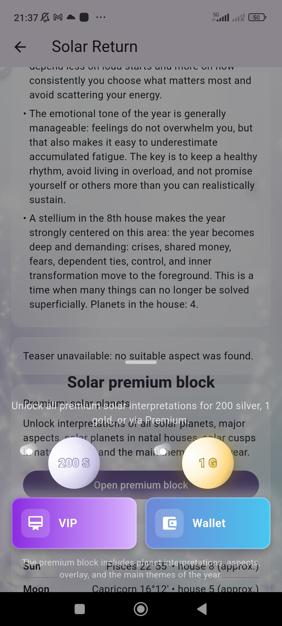 Astera solar return premium block
