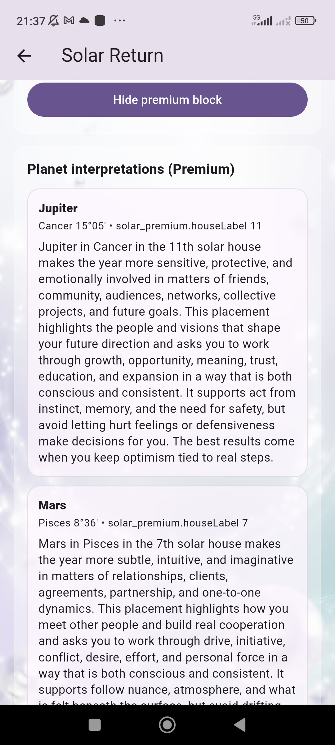 Astera solar return premium planet interpretations